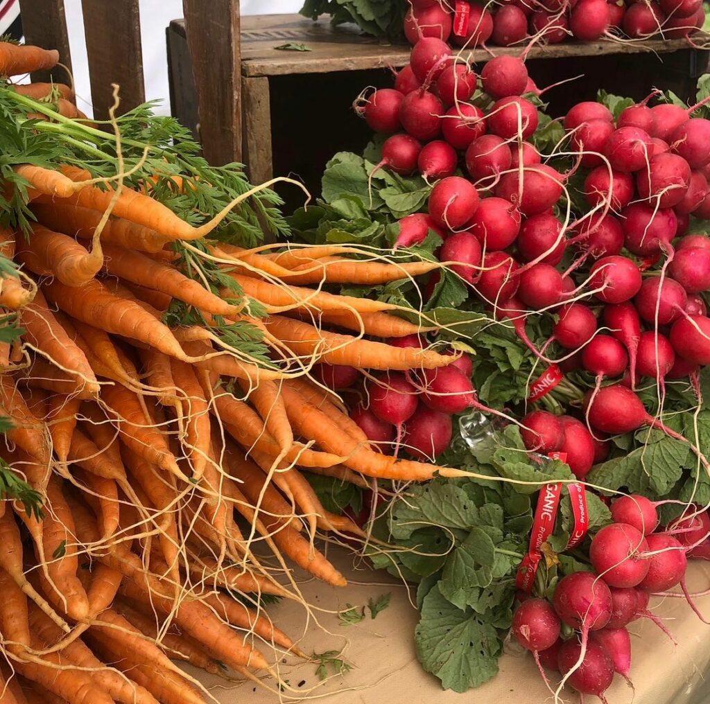 Colorful carrots and radishes on a display table at the Anaconda Community Market in Anaconda, Montana.