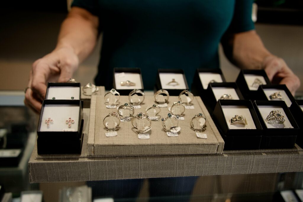 Montana Sapphire jewelry, including rings, is displayed at the Montana Gems store in Philipsburg, Montana.