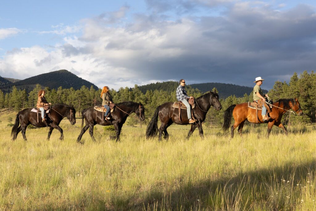 Four people on horses in a line in golden hour at a dude ranch guest ranch just north of Helena, Montana in Southwest Montana. On a guided horseback ride in Southwest Montana.