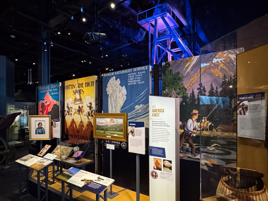 Colorful ‘See America First’ and national park posters featured in the Homeland Gallery exhibit at the Montana Heritage Center in Helena. Photo by Sarah Bolt, Tempest Technologies.
