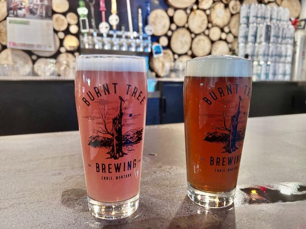 Burnt Tree Brewing taproom in Ennis, Montana featuring two pints of local craft beer, a popular stop in Southwest Montana for brewery visits and beer tasting. Photo by @travelingbeerbellies on Instagram.