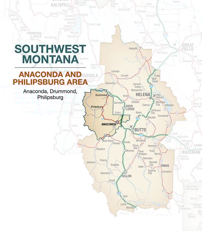 Southwest Montana Anaconda and Philipsburg Area Map