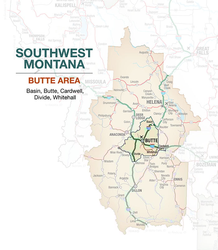 Southwest Montana Butte Area Map