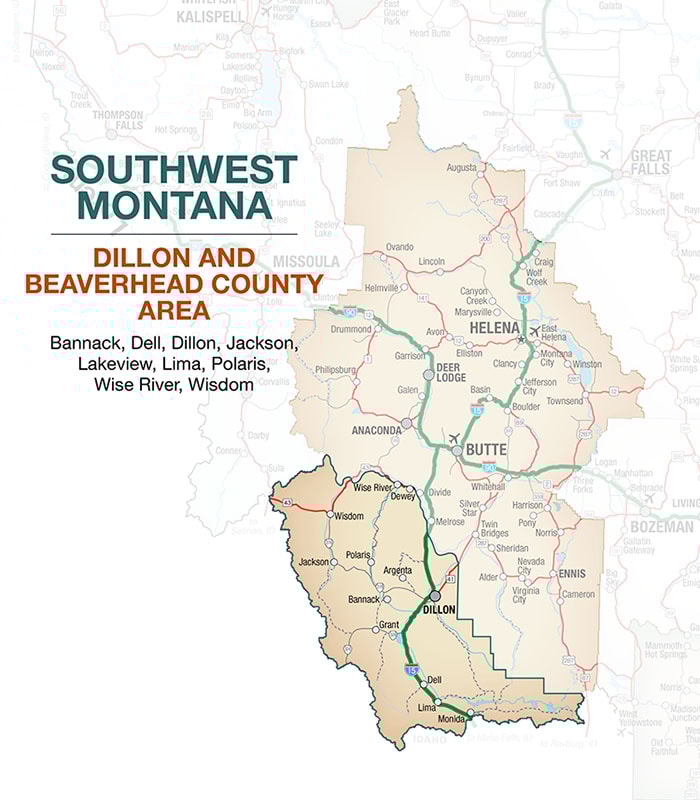 Southwest Montana Dillon and Beaverhead County Area Map