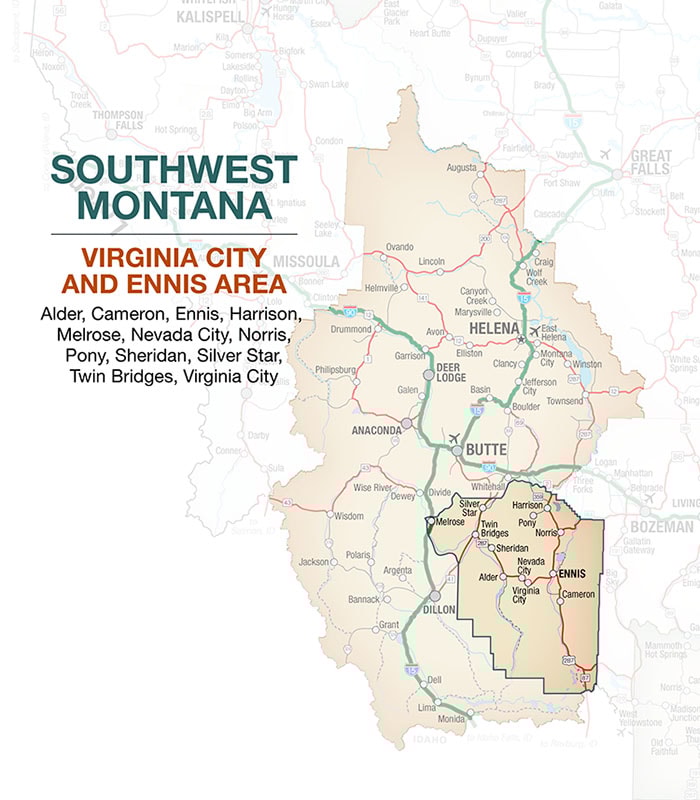 Southwest Montana Virginia City and Ennis Area Map